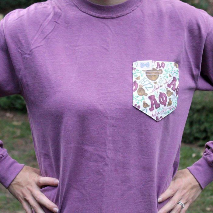 Alpha Phi Long Sleeve Tee Shirt in Berry Purple with Pattern Pocket by the Frat Collection