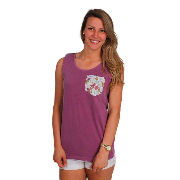 Alpha Phi Tank Top in Berry Purple with Pattern Pocket by the Frat Collection