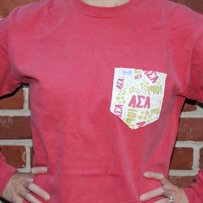 Alpha Sigma Alpha Long Sleeve Tee Shirt in Crimson with Pattern Pocket by the Frat Collection