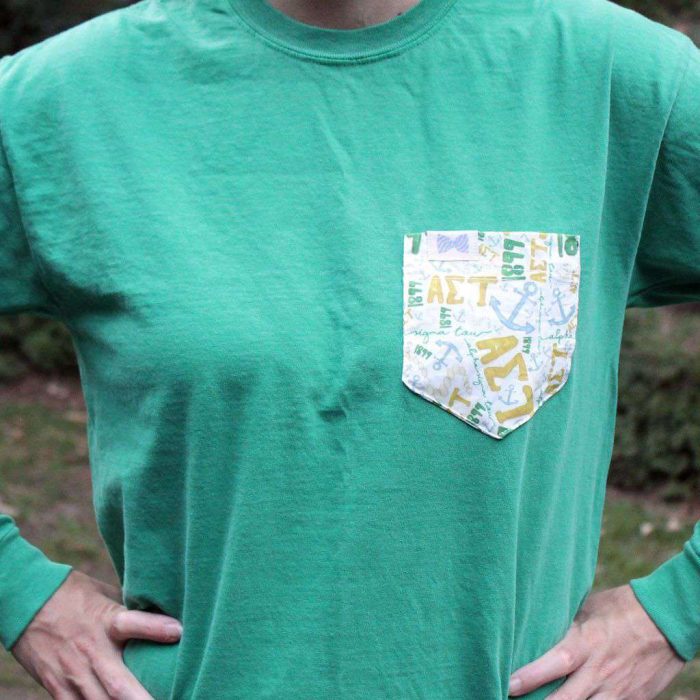 Alpha Sigma Tau Long Sleeve Tee Shirt in Grass with Pattern Pocket by the Frat Collection