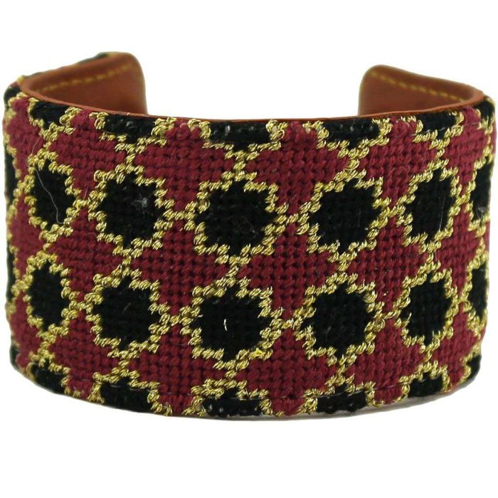 Black and Maroon Quatrafoil Needlepoint Cuff Bracelet by York Designs