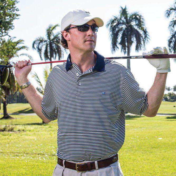 Bermuda Performance Polo in Navy and Light Blue Stripe by Southern Marsh