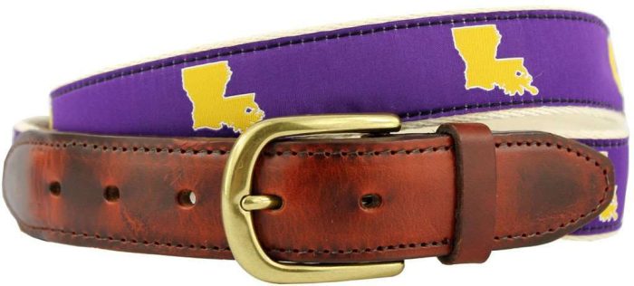 LA Baton Rouge Gameday Leather Tab Belt in Purple Ribbon w/ White Canvas Backing by State Traditions