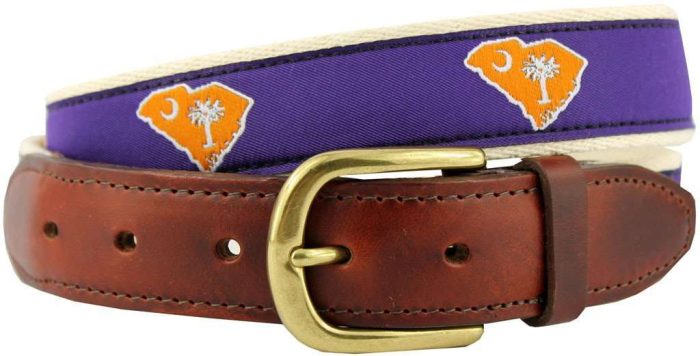 SC Clemson Gameday Leather Tab Belt in Purple Ribbon with White Canvas Backing by State Traditions