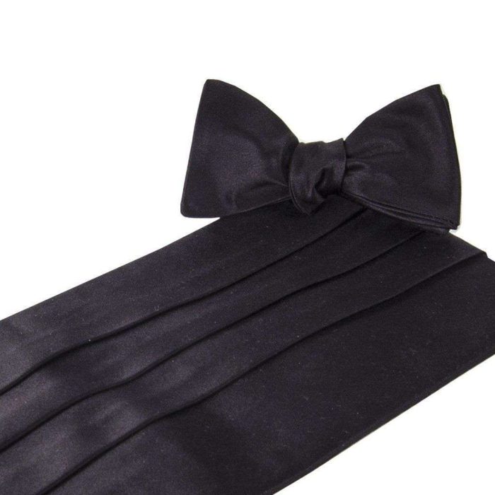 Classic Solid Black Satin Cummerbund and Bow Set by Collared Greens