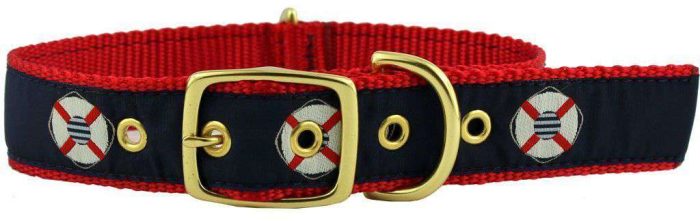 Dog Collar in Navy Ribbon on Red Canvas with Life Savers by Country Club Prep