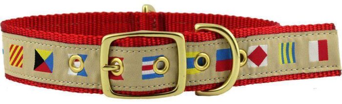 Dog Collar in Tan Ribbon on Red Canvas with Code Flags by Country Club Prep