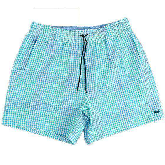 Dockside Swim Trunk in Antigua Blue and Teal Seersucker Gingham by Southern Marsh