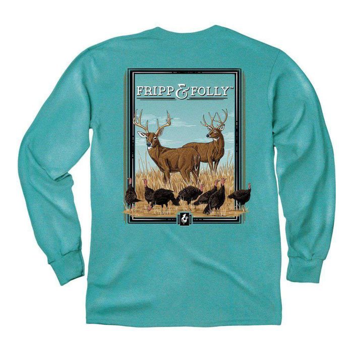 Deer with Turkeys Long Sleeve Tee in Seafoam by Fripp & Folly