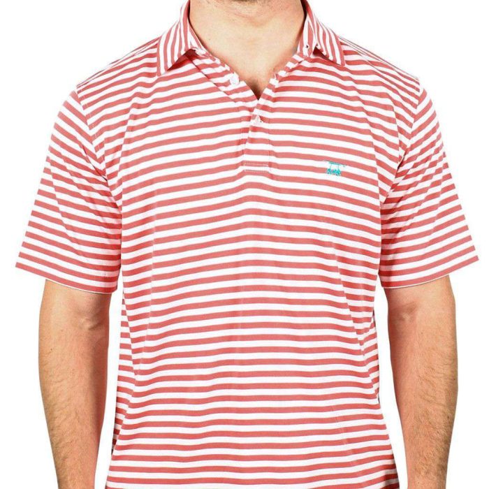 East Beach Polo in Coral and White Stripes by Bald Head Blues