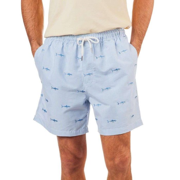 Embroidered Shark Seersucker Swim Trunk by Southern Tide