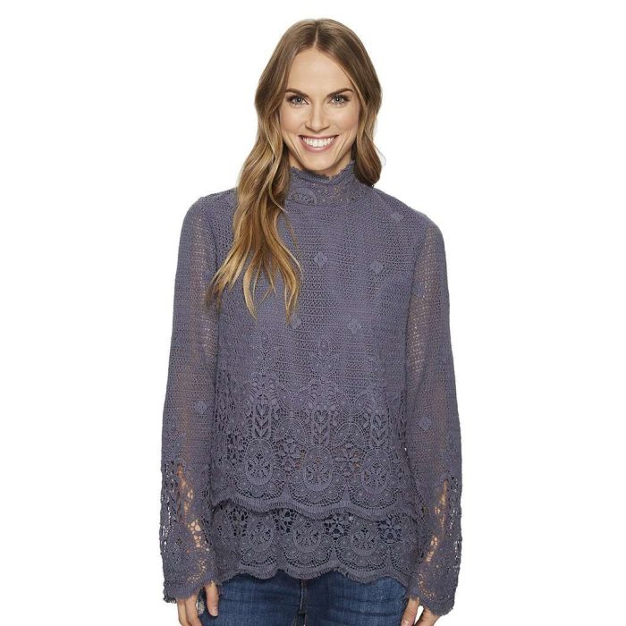 Fringed Crochet Long Sleeve Double Layer Pullover in Carbon by True Grit (Dylan)