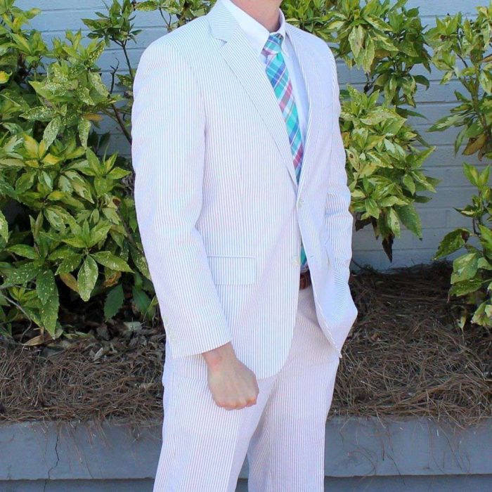 Farmington Plain-Front Suit in Tan Seersucker by Country Club Prep