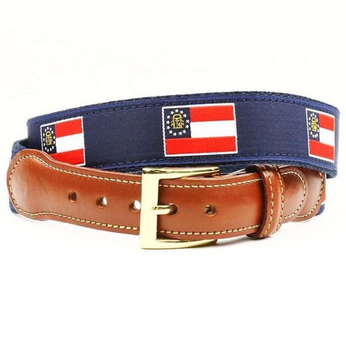Georgia Flag Leather Tab Belt in Navy on Navy Canvas by Country Club Prep