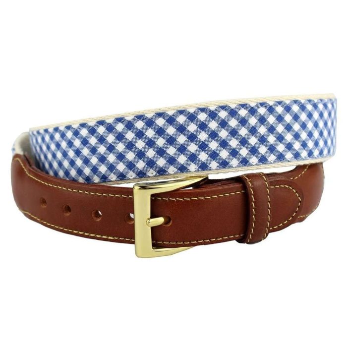 Gingham Leather Tab Belt in Royal Blue by Country Club Prep