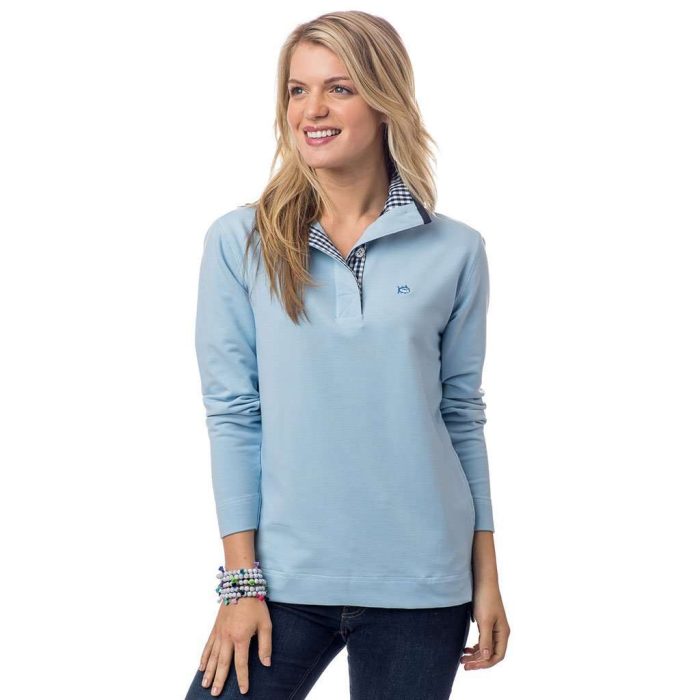 Gingham Trimmed Skiptide Pullover in Sky Blue by Southern Tide