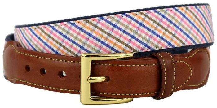 Keswick Tattersall Leather Tab Belt in MultiColor on Navy Canvas by Country Club Prep