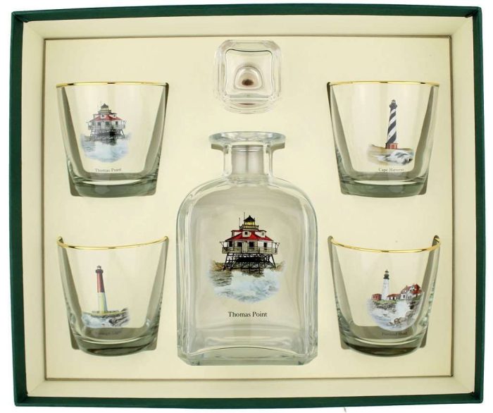 Lighthouse Decanter Set with Old Fashioned Glasses by Richard E. Bishop