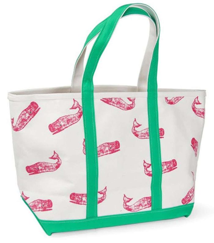 Large Tote Bag in White With Pink Whales by Crabberrie