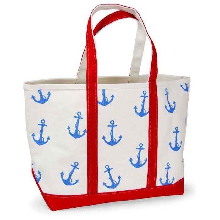 Large Tote Bag in White With Blue Anchors by Crabberrie