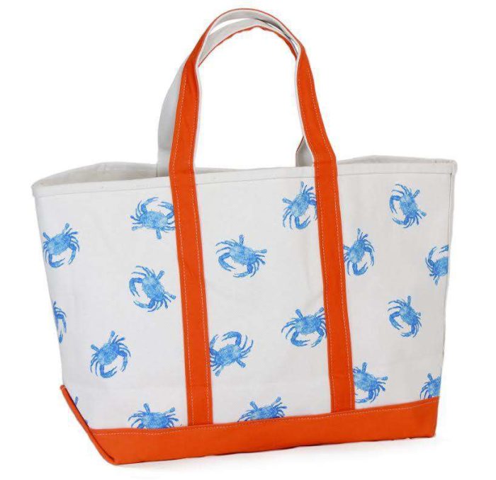 Large Tote Bag in White With Blue Crabs by Crabberrie