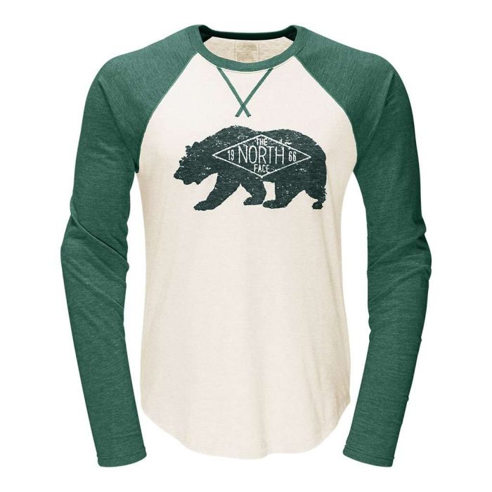 Men's Long Sleeve Bearitage Baseball Tee in White and Silver Pine Green Heather by The North Face