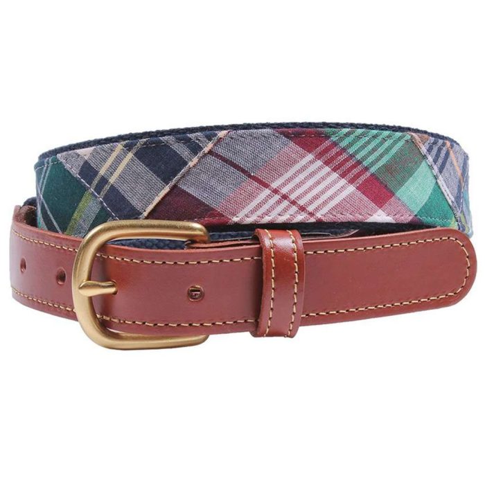 Mackinaw Madras Leather Tab Belt on Navy Canvas by Country Club Prep