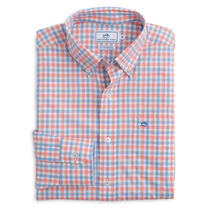 Market Square Gingham Intercoastal Performance Shirt in Nectar Coral by Southern Tide