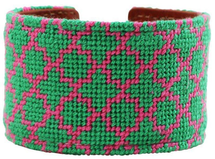 Pink and Green Quatrafoil Needlepoint Cuff Bracelet by York Designs