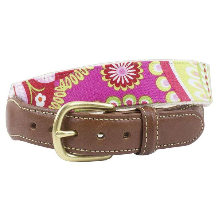 Pink Paisley Leather Tab Belt on Natural Canvas by Country Club Prep