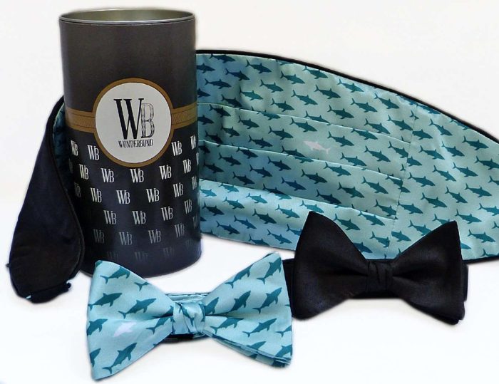 Reversible Cummerbund and Bow Set in Sharky Waters by Wonderbund