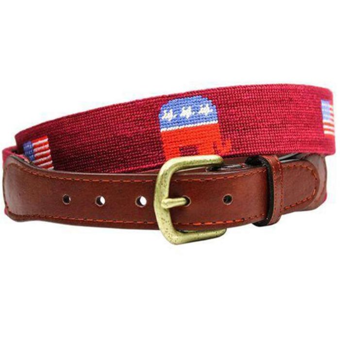 Republican Elephant and American Flag Needlepoint Belt in Garnet by Smathers & Branson