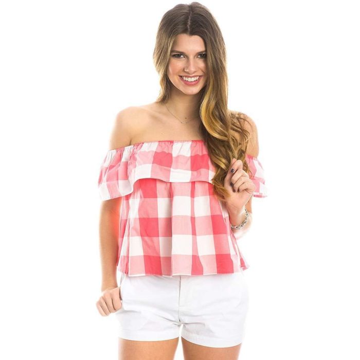 Riley Gingham Ruffle Top in Coral by Lauren James