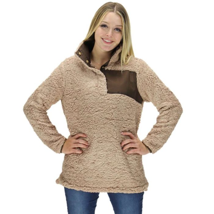Snap Collar Sherpa Pullover in Light Brown by Everest Clothing