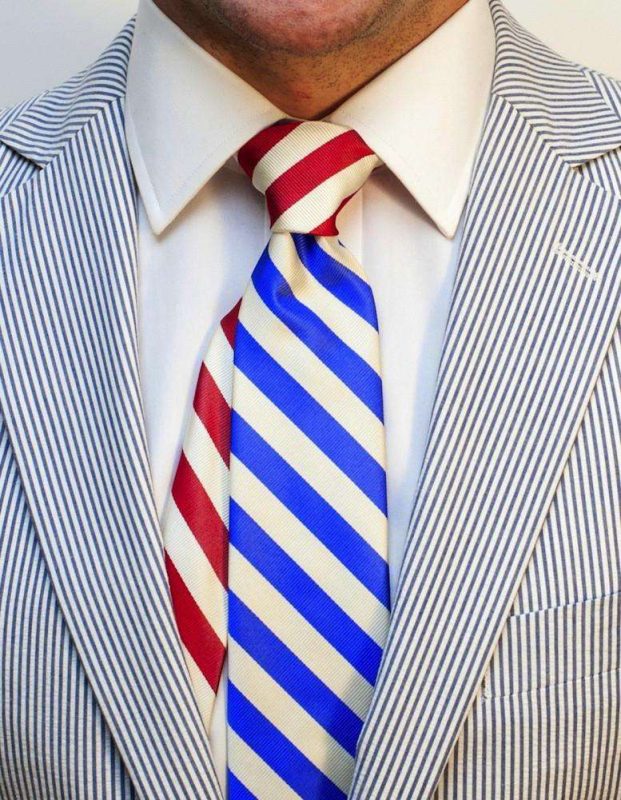 Seersucker Sidekick Necktie in Nautical Blue and White with Red and White Knot by Social Primer