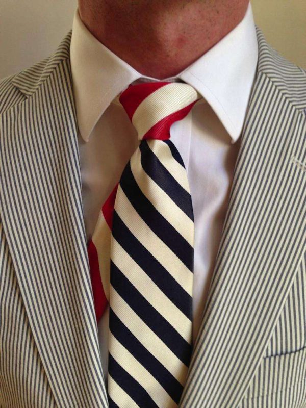 Seersucker Sidekick Necktie in Navy and White with Red and White Knot by Social Primer