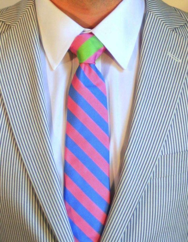 Seersucker Sidekick Necktie in Pink and Blue with Pink and Green Knot by Social Primer