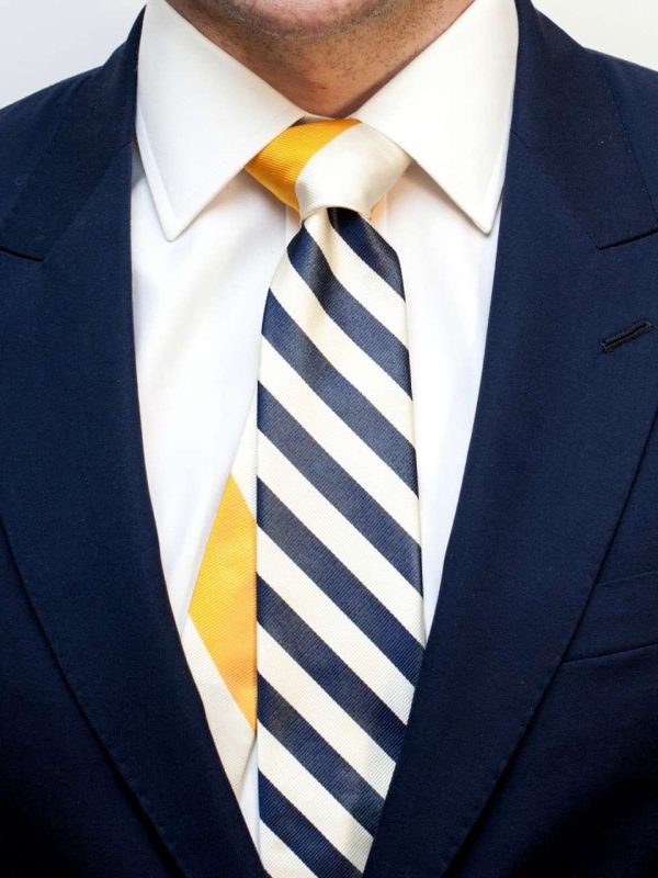 Seersucker Sidekick Necktie in Navy and White with Gold and White Knot by Social Primer
