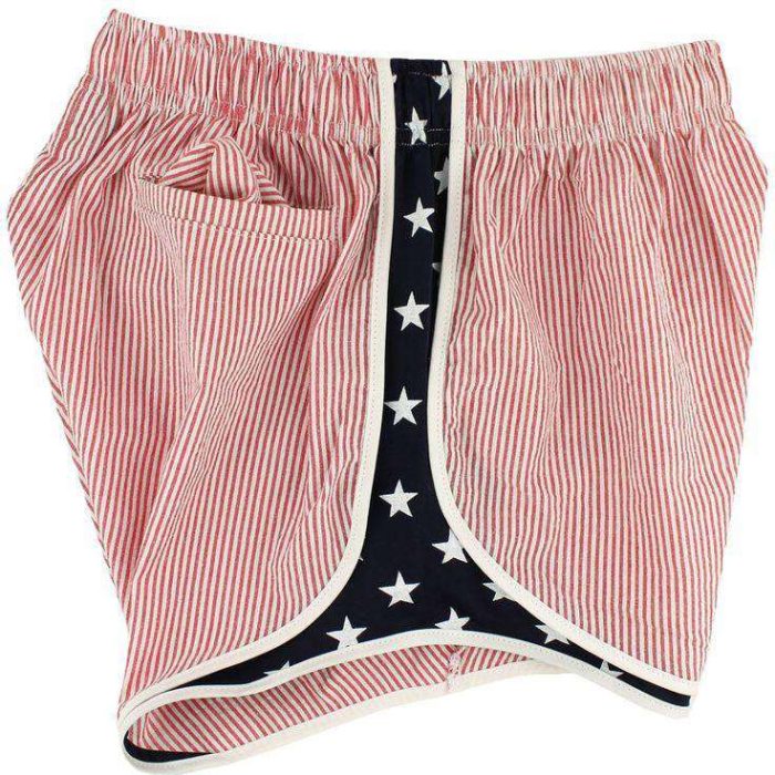 Shorties Shorts in Red Seersucker with Patriotic Navy Panel by Lauren James
