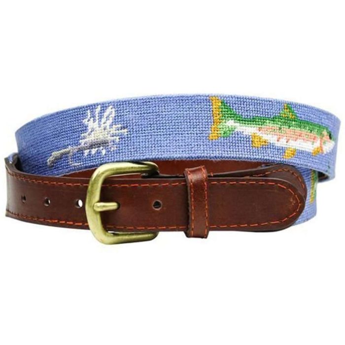 Trout and Fly Needlepoint Belt in Stream Blue by Smathers & Branson