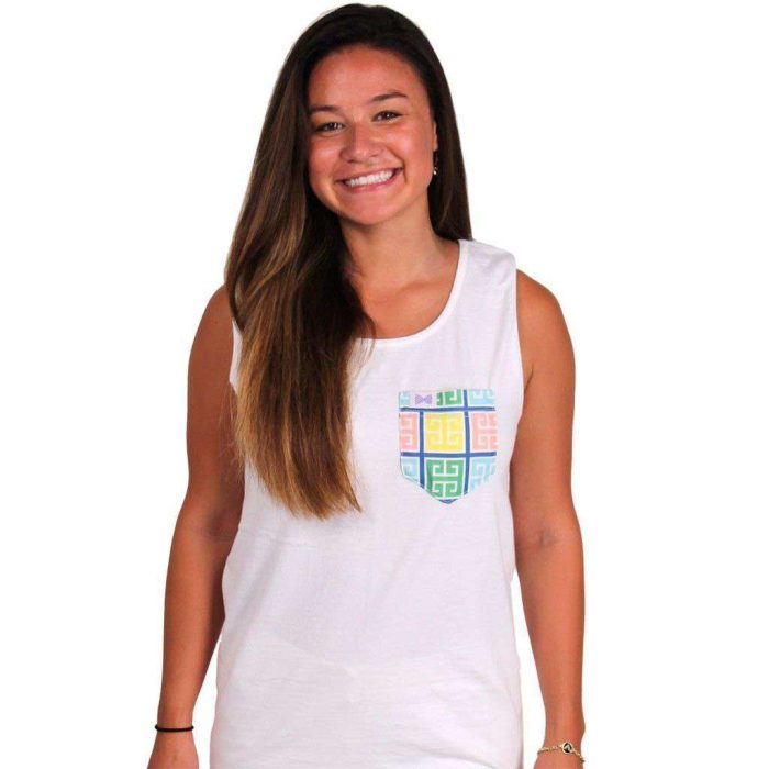 The Greek Key Unisex Tank Top in White with Multi Color Pocket by the Frat Collection