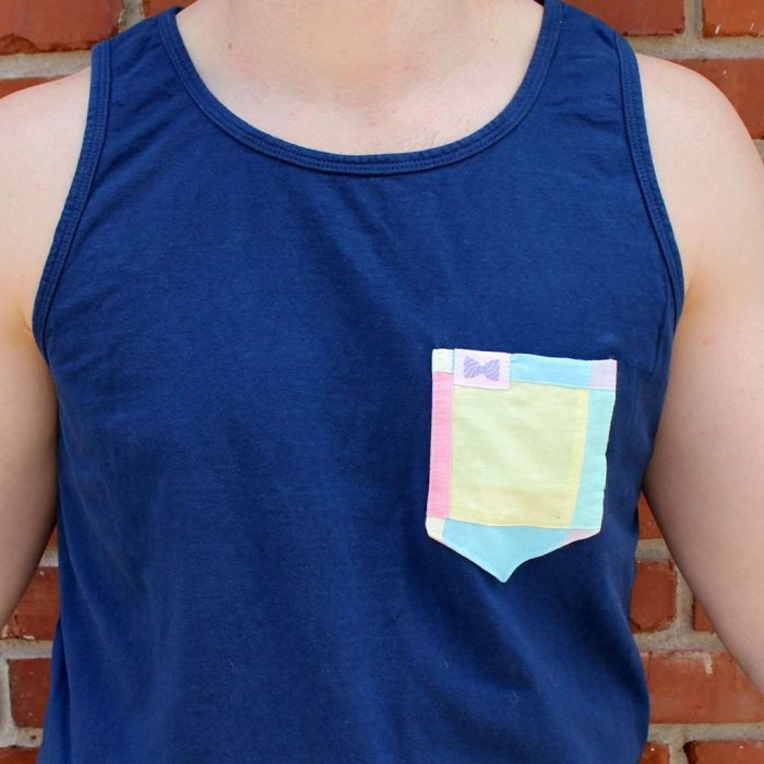 The George Unisex Tank Top in Navy with Patchwork Linen Pocket by the Frat Collection