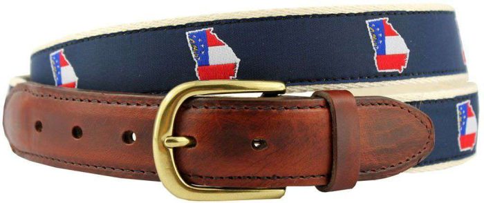 GA Traditional Leather Tab Belt in Navy Ribbon with White Canvas Backing by State Traditions