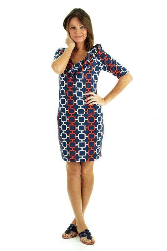 Tiffany Ruffle Neckline Shift Dress in Navy and Orange by Tracy Negoshian