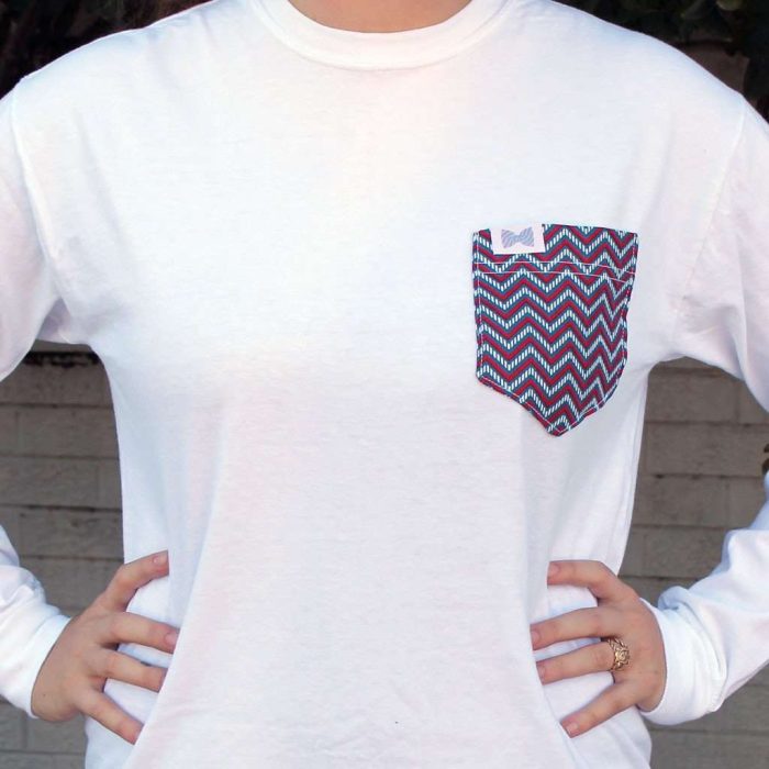 The Shelly Unisex Long Sleeve Tee Shirt in White with Blue/Red Chevron Pocket by the Frat Collection