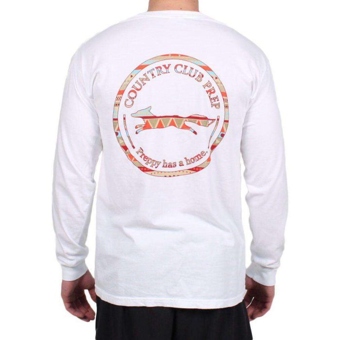 The Tenochtitlan Aztec Pattern Original Logo Long Sleeve Tee Shirt in White by Country Club Prep