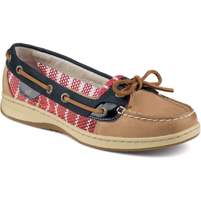 Women's Angelfish Breton Stripe Mesh Slip-On Boat Shoe in Linen, Navy, & Red by Sperry