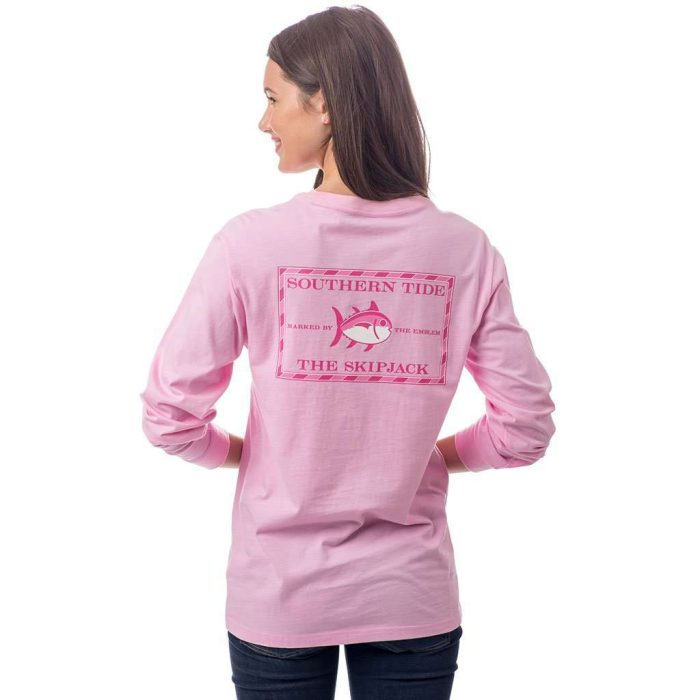 Women's Original Skipjack Long Sleeve Pocket Tee in Lemonade Pink by Southern Tide