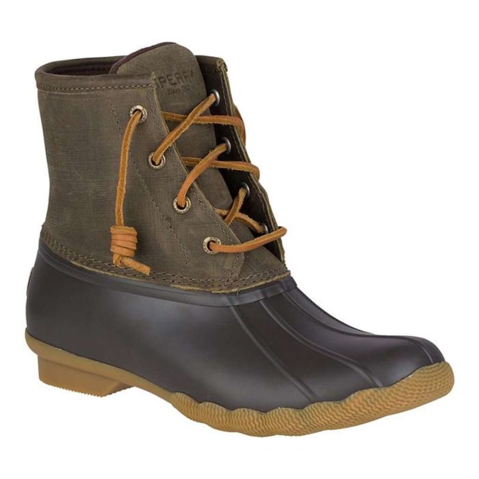 Women's Saltwater Duck Boot in Brown and Olive by Sperry