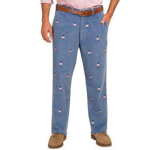 Wide Wale Corduroy Pants in Storm Blue with Capitalistic Pigs by Castaway Clothing